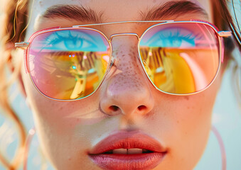 Young woman wearing a rainbow sunglasses.