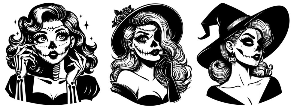 spooky seductress halloween zombie pin-up girl in haunting retro style, pinup woman character design, black vector