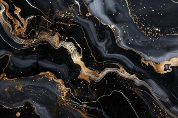 Wall Mural - elegant black marble abstract background with white veins and gold accents abstract texture