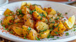 Close-up of algerian cuisine showcasing seasoned potatoes garnished with fresh herbs and spices on a white plate with lemon wedges