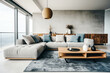 Wooden coffee table near grey corner sofa against concrete wall. Loft, minimalist interior design of modern living room, home.