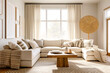 Beige sofa with striped pillows against window. Boho, country interior design of modern living room, home.