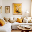 Close up of white fabric sofa with beige and yellow pillows near white wall with frames. Provence, french country, farmhouse interior design of modern living room, home.