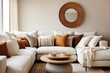 Close up of sofa with various pillows near beige wall with wicker wall decor. Boho interior design of modern living room, home.