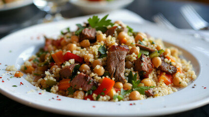 Wall Mural - Flavorful algerian couscous dish with tender meat cuts, chickpeas, fresh vegetables, and a garnish of parsley in a close-up shot