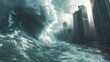 Depict the raw power of a tsunami crashing onto a coastal city with photorealistic detail Highlight dramatic waves