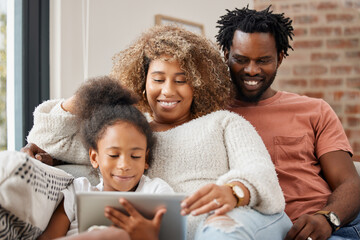 Canvas Print - Mother, father and daughter with tablet for education, gaming or streaming on sofa of living room in home. Smile, tech and black family with girl kid in apartment for homework or online research