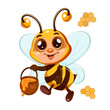 A jolly bee carrying a pot of honey in her paws