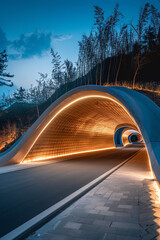 Canvas Print - Modern Highway Tunnel Entrance at Night Illuminated by Lights  