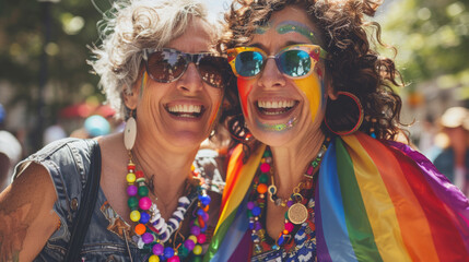 Canvas Print - Happy Senior gay lesbian couple having fun wearing Lgbtq rainbow flag at pride parade - Family and love concept - Focus on right woman face Stock Photo photography