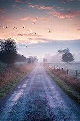 Canvas Print - Serene Dawn on Rural Highway with Light Fog and Farmland  