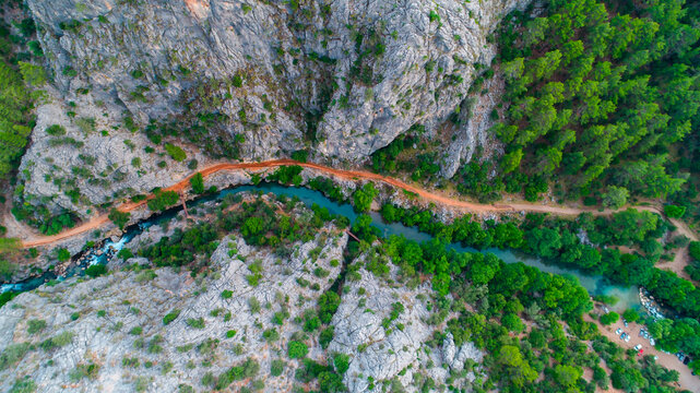 Yazili Canyon Nature Park is famous for its lakes and green landscapes, sparkling flowing waters, rich diversity of fauna and flora. Aerial shooting of the canyon with a drone. Isparta, Turkey.
