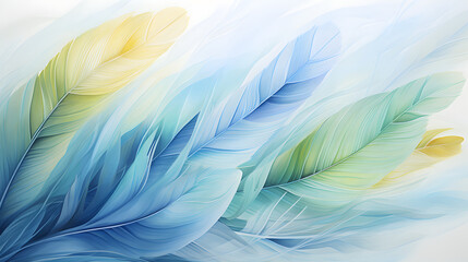 Wall Mural - Watercolor feathers in the pastel color blue and green pattern abstract graphic poster background