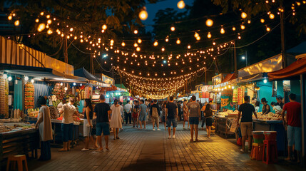 Crowd on night food market, urban outdoor street life