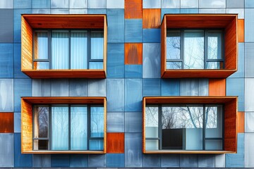 Poster - Exterior of a modern architecture building with colorful blue and orange facade and deepened windows