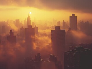 Wall Mural - The city skyline is covered in fog and the sun is setting. The buildings are tall and the sky is orange