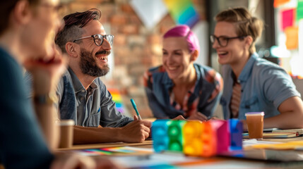 Happy situation business meeting with LGBTQ leader and team working in meeting room for marketing planning. Stock Photo photography