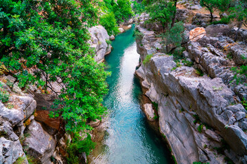Poster - Yazılı Canyon Nature Park is famous for its lakes and green landscapes, sparkling flowing waters, rich diversity of fauna and flora. Isparta, Turkey.