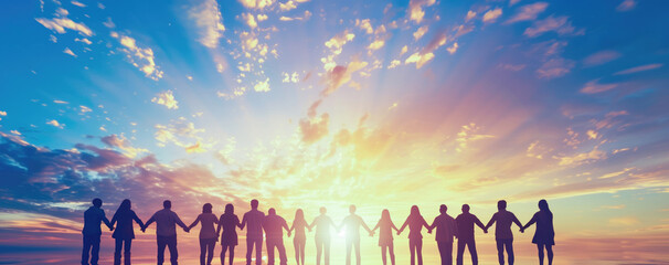 Social concept with silhouette of business people holding hands on bright sky background.