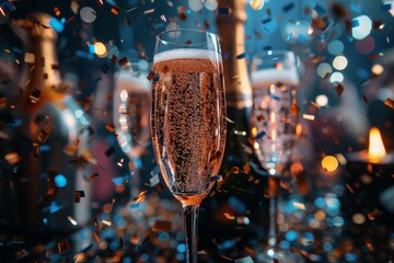 Poster - Two champagne glasses amidst a shower of confetti, capturing a moment of celebration and festivity with vibrant colors and dynamic movement