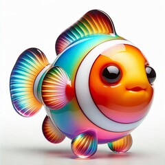 Wall Mural - A stunning blown glass sculpture of a playful, cute Clownfish with seamlessly blended rainbow colors, white background