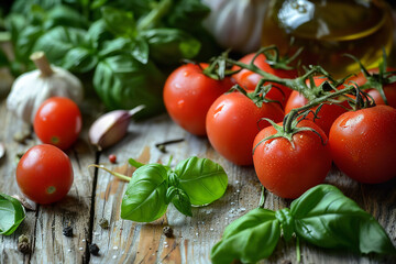 Wall Mural - Fresh Italian Cooking Ingredients on Rustic Wooden Surface  