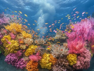 Wall Mural - A colorful coral reef with many fish swimming around. The fish are of various colors, including pink, orange, and yellow. The reef is teeming with life, and the vibrant colors of the fish