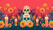 Minimalist Day of the Dead Theme with Geometric Family Portraits, Candles, and Marigold Garlands Border

