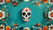 Minimalist Day of the Dead Theme with Geometric Masks, Sugar Skulls, and Floral Designs Border

