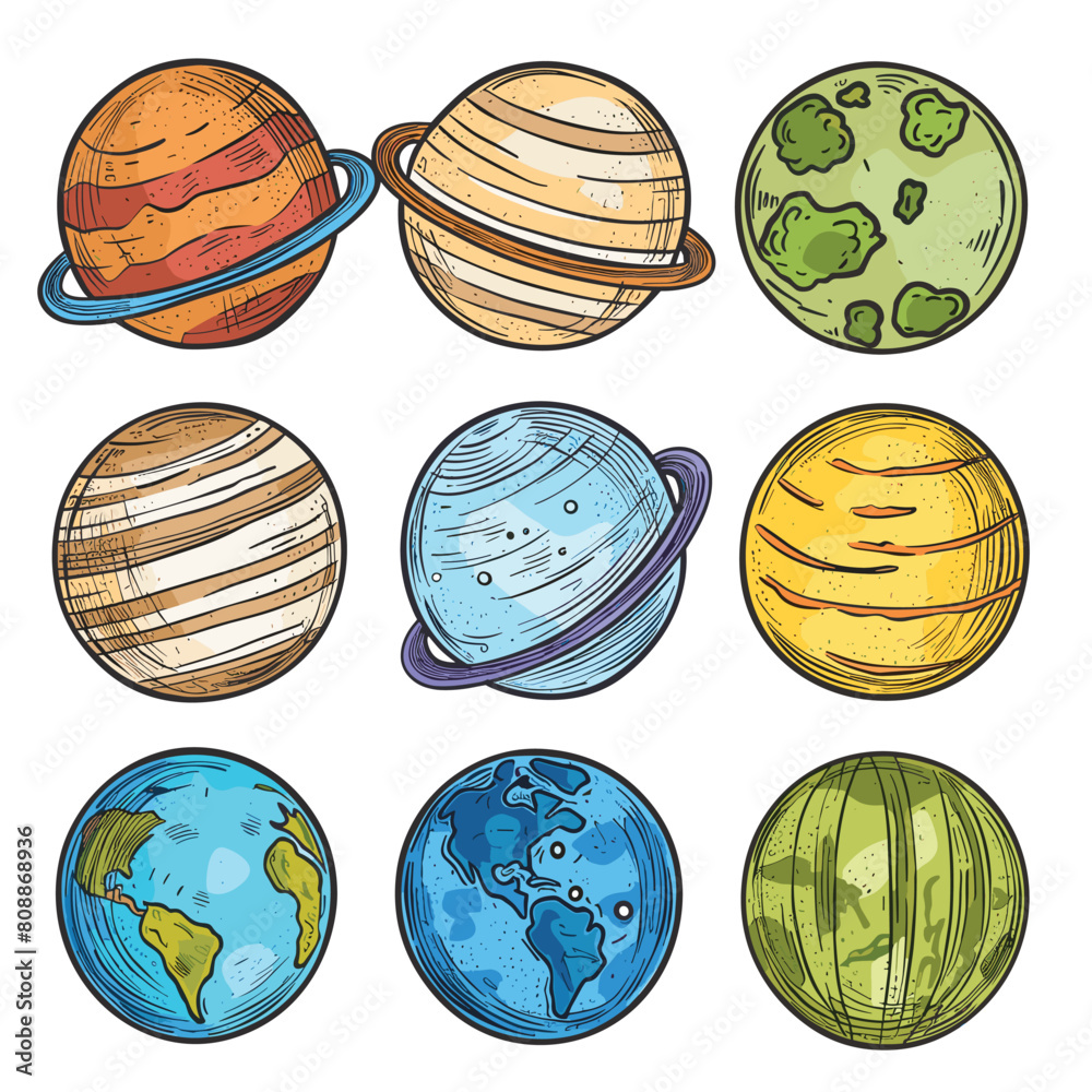 Handdrawn planets colorful sketch astronomy space. Solar system planets ...