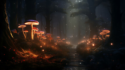 Wall Mural - A mysterious foggy forest path lined with agaricus mushrooms leading to an unknown, glowing destination.