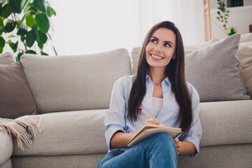 Sticker - Portrait of pretty lady hold notepad think wear shirt bright interior apartment indoors