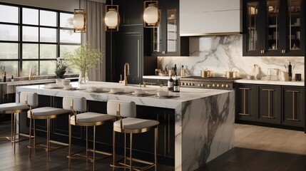 Wall Mural - A contemporary, chic kitchen featuring stylish black and white cabinets, golden fixtures, and marble tiles.