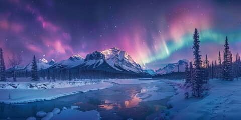 Wall Mural - Amazing view of northern lights over snowy mountains and trees in sky