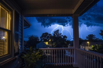 A summer thunderstorm captured from the safety of a porch, with lightning illuminating the darkened sky