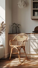Wall Mural - A mockup featuring a cute and cozy rattan dark brown chair with kitchen interior. Set against a white wall background, this side angle shot adds charm to your living space