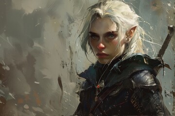 Blonde warrior elf portrait wearing black leather jacket and a sword with copyspace on neutral background