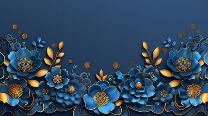 Wall Mural - Blue and gold arabesque flowers design, Eid Mubarak arabic calligraphy means happy holiday