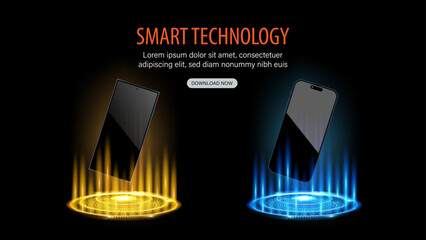 Poster - Smartphone and Smart Mobile Phone with Blue and Yellow Neon Lights: Front view on a Futuristic Neon Stage. Digital Screen Hologram Podium and Floating Mockup. Vector Illustration.