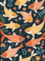 Wall Mural - Floral koi fish nursery generative AI illlustration 