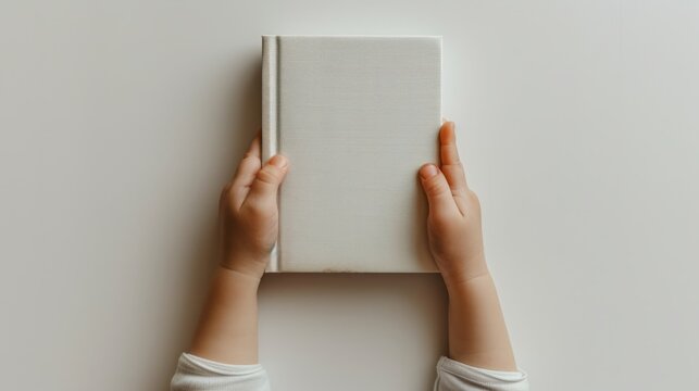 hands holding blank book, blank paper.