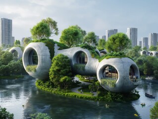 Wall Mural - A futuristic cityscape with a large building that has a green roof and a pond in front of it