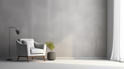 Wall Mural - Living room interior mockup with carpet, white chair, and curtain. Blank gray concrete wall.