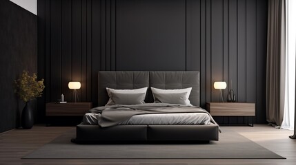 Wall Mural - Luxurious large bedroom with black dark gray walls and a bed. Deep rich colors grey, graphite and white. Blank mockup background design room.