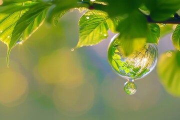 The first green leaves through the reflection of a crystal ball with the morning dew