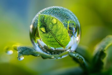 The first green leaves through the reflection of a crystal ball with the morning dew