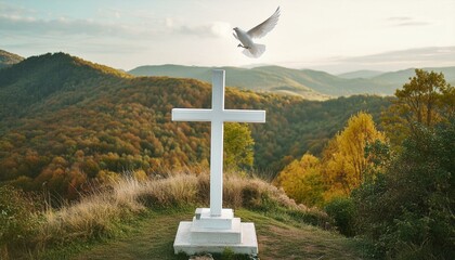 Wall Mural - The Cross In The Mountains Besides By A White Dove - Symbol of Holy Spirit. 