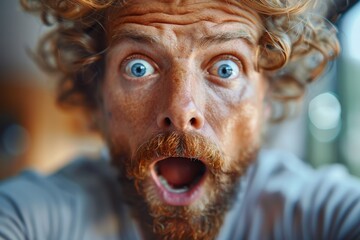 Wall Mural - Close-up of a man with curly hair showing an exaggerated surprised expression