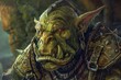 Portrait of a formidable and frightening orc with sharp fangs, fantasy creature illustration
