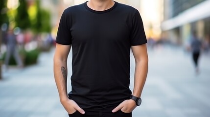 Canvas Print - potrait man wearing casual black shirt standing outdoors. Front look. Retail concept. mock up